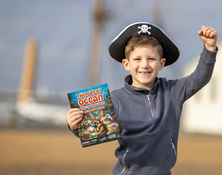 Young boy holding The Great Ocean Egg-sploration poster at The Historic Dockyard Chatham