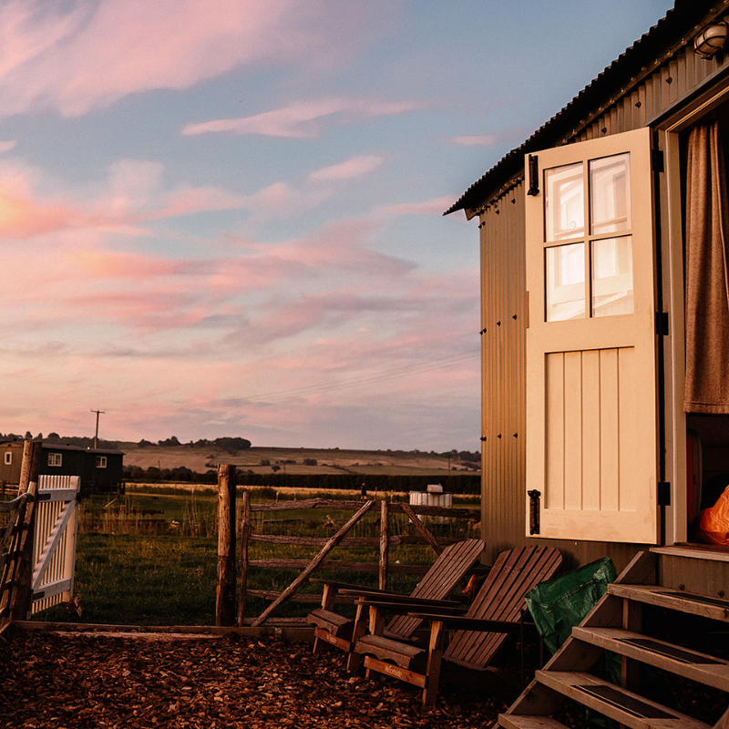 Romney Marsh Shepherds Hut at sunset, overlooking the marsh